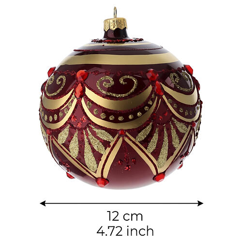 Bola de Natal em vidro soprado 120 mm bordô com motivos dourados e gemas vermelhas 3