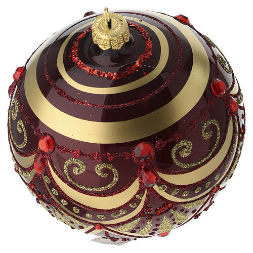 Burgundy blown glass Christmas bauble 120 mm with gold motifs and red gems 4
