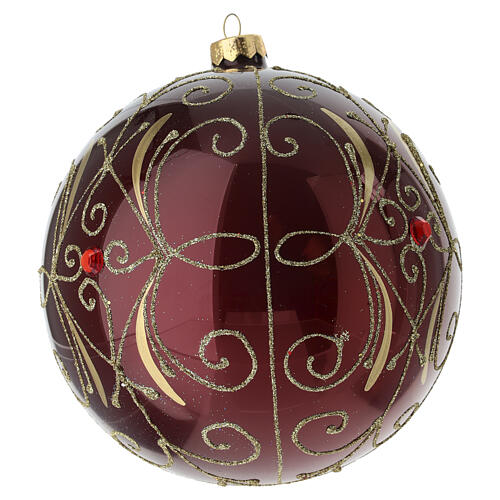 Burgundy blown glass Christmas ball with gold arabesques and red gem, 5.9 in 4