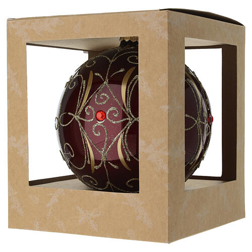 Burgundy blown glass Christmas ball with gold arabesques and red gem, 5.9 in 7