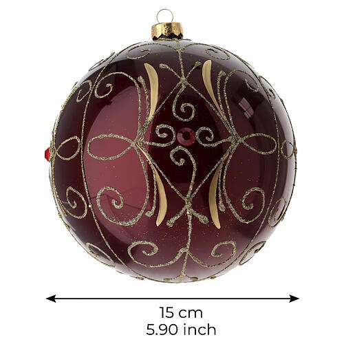 Sfera di Natale in vetro soffiato 150 mm bordeaux con arabeschi dorati e gemma rossa 3