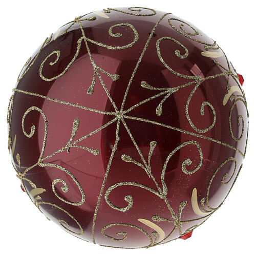 Bola de Natal em vidro soprado 150 mm bordô com arabescos dourados e gema vermelha 6