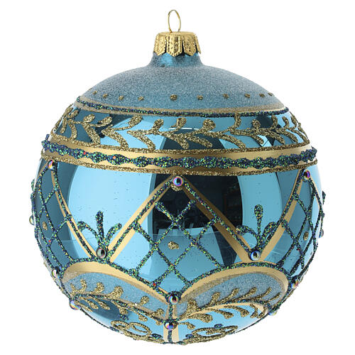 Boule de Noël en verre soufflé 120 mm turquoise et or avec motifs ...