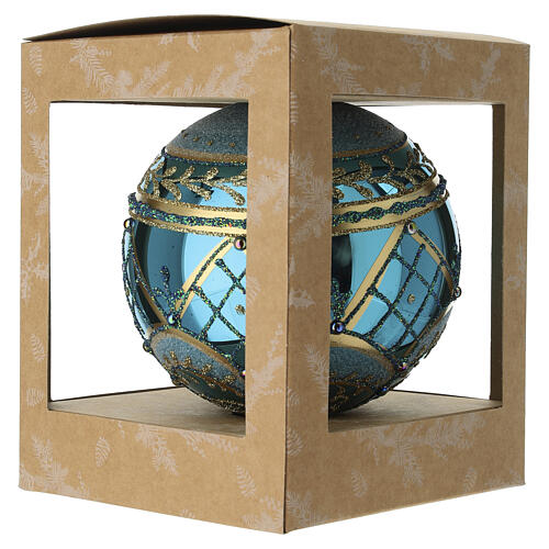 Boule de Noël en verre soufflé 120 mm turquoise et or avec motifs géométriques et gemmes 6