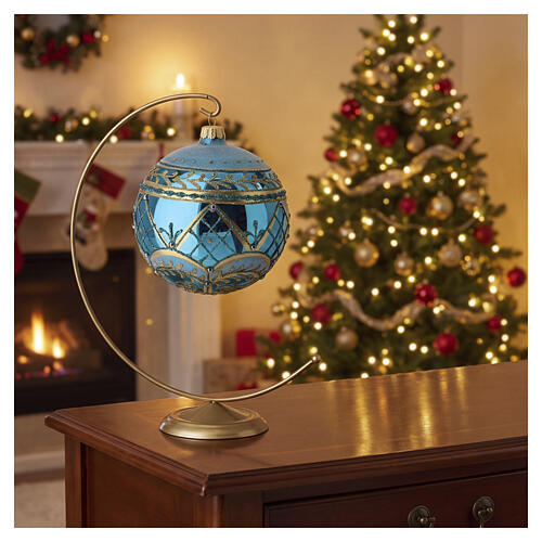 Bola de Natal em vidro soprado 120 mm turquesa com detalhes dourados, motivos geométricos e gemas 2