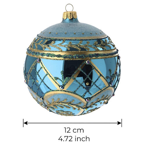 Bola de Natal em vidro soprado 120 mm turquesa com detalhes dourados, motivos geométricos e gemas 3