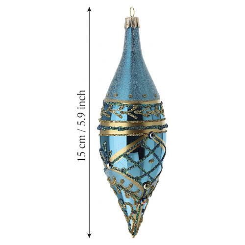 Turquoise blown glass Christmas drop with gold decorations and glitter, 5.9x1.8 in 3