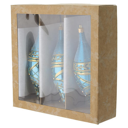 Turquoise blown glass Christmas drop with gold decorations and glitter, 5.9x1.8 in 4