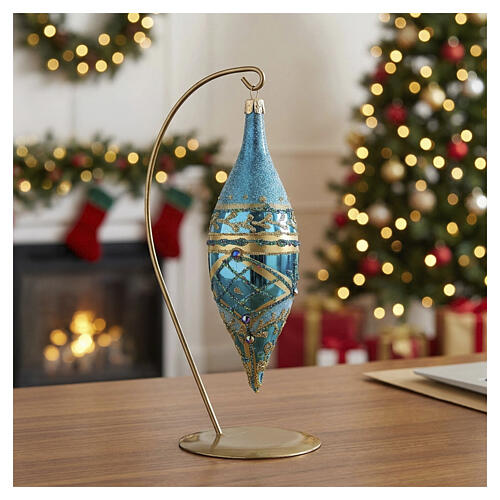 Gota de Natal em vidro soprado turquesa 15x4,5 cm com decorações douradas e glíter 2