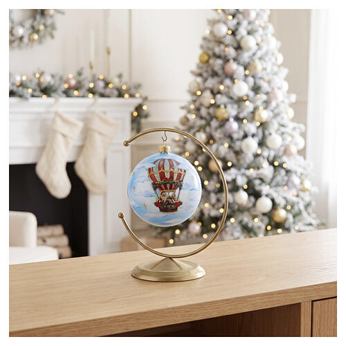 Sfera natalizia in vetro soffiato 100 mm azzurro cielo con Babbo Natale in mongolfiera 2