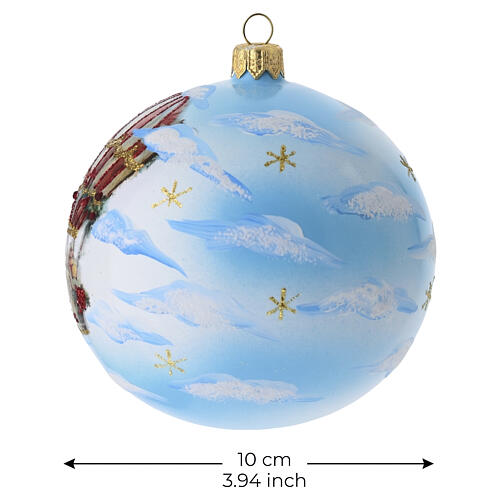 Sfera natalizia in vetro soffiato 100 mm azzurro cielo con Babbo Natale in mongolfiera 3