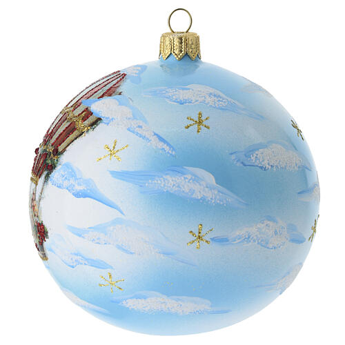 Sfera natalizia in vetro soffiato 100 mm azzurro cielo con Babbo Natale in mongolfiera 4