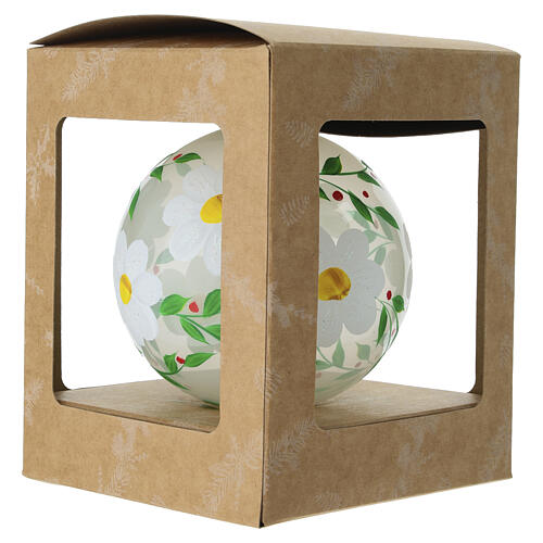 Clear blown glass bauble with white flowers and green leaves, 3.9 in 6