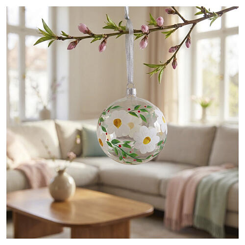 Palla di Natale in vetro soffiato 100 mm trasparente con fiori bianchi e foglie verdi 2