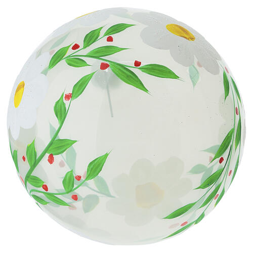 Palla di Natale in vetro soffiato 100 mm trasparente con fiori bianchi e foglie verdi 5