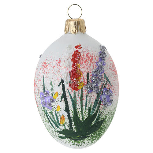 Oval Christmas decoration in transparent blown glass with multicolour floral motif, 5.9x2.0 in 5