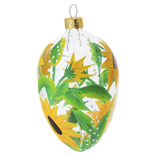 Enfeite de Natal oval em vidro soprado transparente 10x6 cm com girassóis amarelos e folhas verdes 4