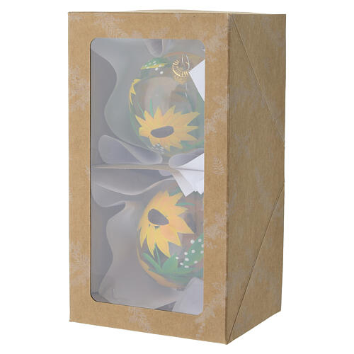 Enfeite de Natal oval em vidro soprado transparente 10x6 cm com girassóis amarelos e folhas verdes 5