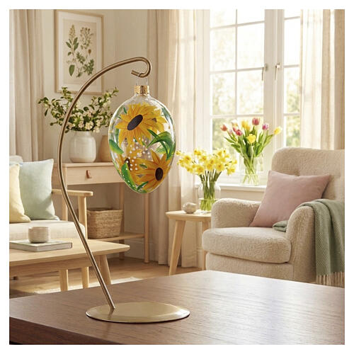 Transparent blown-glass oval Christmas ornament with yellow sunflowers and green leaves 10x6 cm 2
