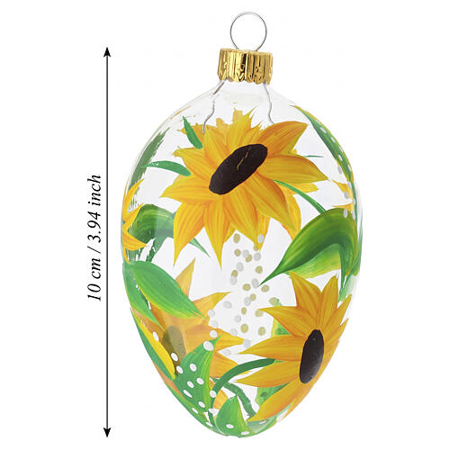 Transparent blown-glass oval Christmas ornament with yellow sunflowers and green leaves 10x6 cm 3