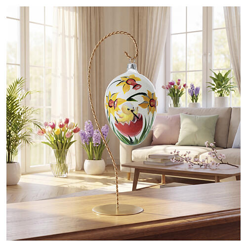 Decorazione in vetro soffiato trasparente 13x8 cm con pulcino e fiori gialli 2