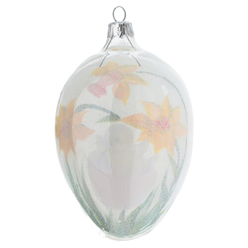 Decorazione in vetro soffiato trasparente 13x8 cm con pulcino e fiori gialli 5