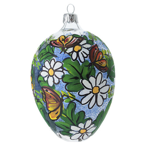 Oval clear blown-glass ornament with white daisies and green leaves, 5.1x3.1 in 4