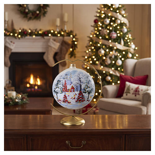 Christmas ball of blown glass, 5.9 in, silver with red church and snowy landscape 2