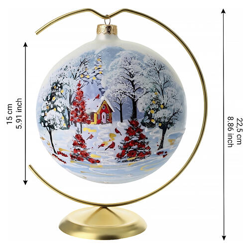 Christmas ball of blown glass, 5.9 in, silver with red church and snowy landscape 3