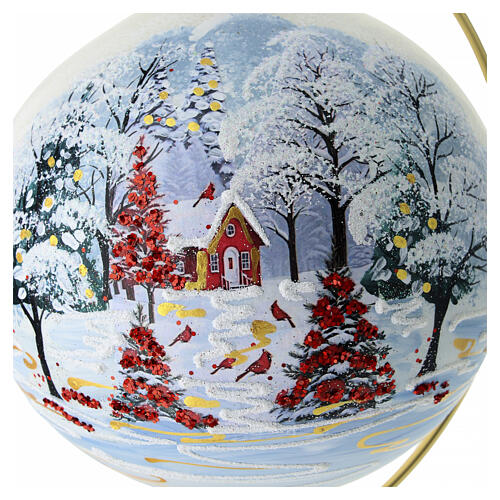 Christmas ball of blown glass, 5.9 in, silver with red church and snowy landscape 6