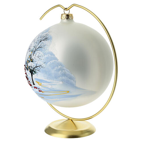Boule pour sapin en verre soufflé 150 mm argentée église rouge et paysage enneigé 5