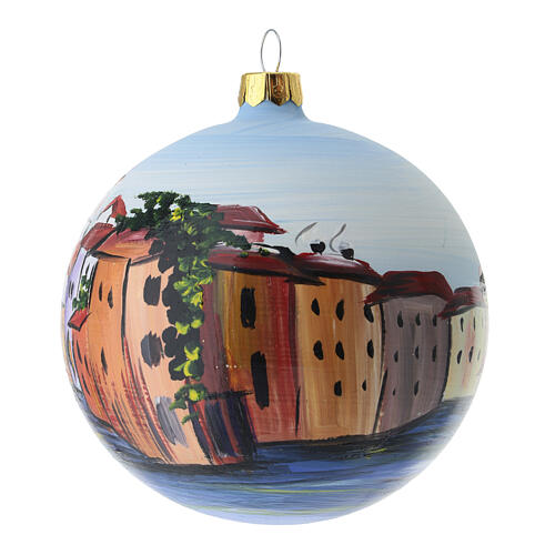 Sfera natalizia in vetro soffiato 100 mm con borgo sul mare e case colorate 1