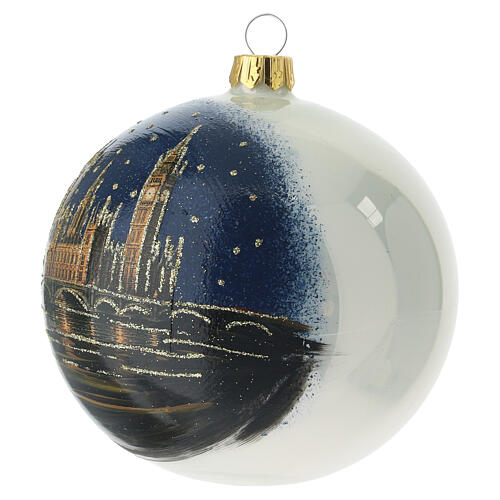 Christmas ball of night-blue blown glass with golden cathedral and skyline, 3.9 in 4