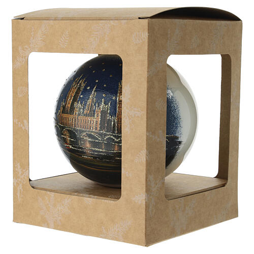 Palla di Natale in vetro soffiato 100 mm blu notte con cattedrale dorata e skyline 6