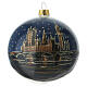 Palla di Natale in vetro soffiato 100 mm blu notte con cattedrale dorata e skyline s1