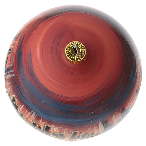 Christmas tree ball in blown glass: burgundy illuminated city with reflections on water, 3.9 in 4