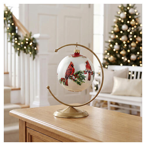 Blown glass Christmas bauble, white with red cardinals and berries, 3.9 in 2