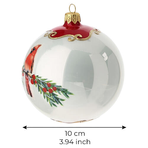 Blown glass Christmas bauble, white with red cardinals and berries, 3.9 in 3