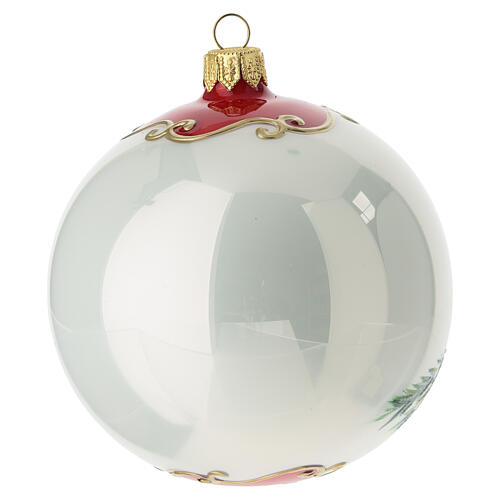 Bola de Natal em vidro soprado 10 cm branca com cardeais vermelhos e bagas 4
