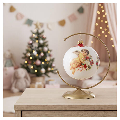 Boule de Noël en verre soufflé 100 mm blanche avec anges et décors floraux rouges 2