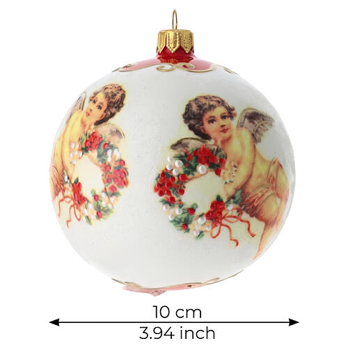Sfera di Natale in vetro soffiato 100 mm bianca con angeli e decori floreali rossi 3
