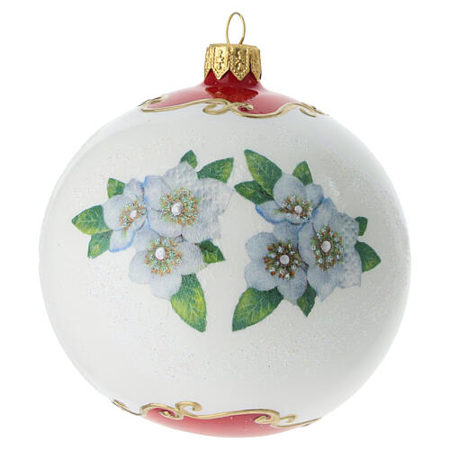 Bola de Natal vidro soprado 100 mm branca com anjos e motivos florais vermelhos 4