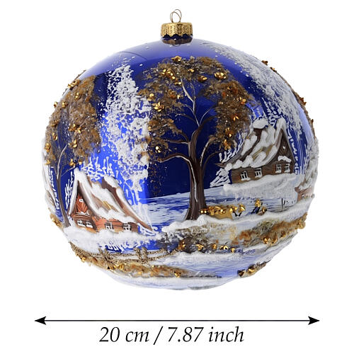 Pallina fondo blu paesaggio casa e albero perline dorate 200 mm vetro soffiato 3