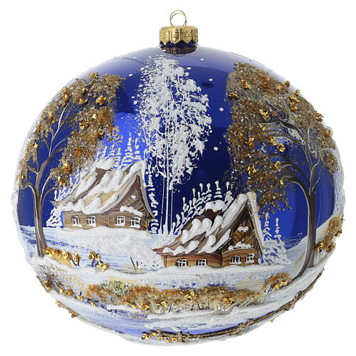 Pallina fondo blu paesaggio casa e albero perline dorate 200 mm vetro soffiato 5