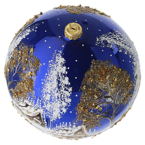 Pallina fondo blu paesaggio casa e albero perline dorate 200 mm vetro soffiato 7