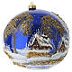 Pallina fondo blu paesaggio casa e albero perline dorate 200 mm vetro soffiato s4