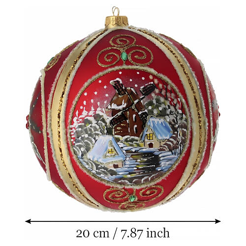 Pallina rossa paesaggi agrifoglio 200 mm dipinta a mano vetro soffiato 3