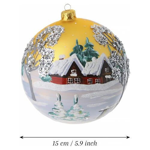 Pallina oro 150 mm paesaggio chiesa e alberi argento dipinta a mano vetro soffiato 3