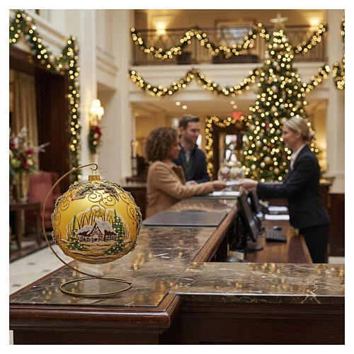 Boule de Noël dorée paysage houx en perles dorées 150 mm verre soufflé peinte à la main 2