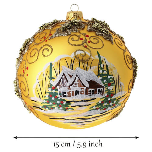 Pallina dorata paesaggio agrifoglio in perline oro 150 mm dipinta vetro soffiato 3